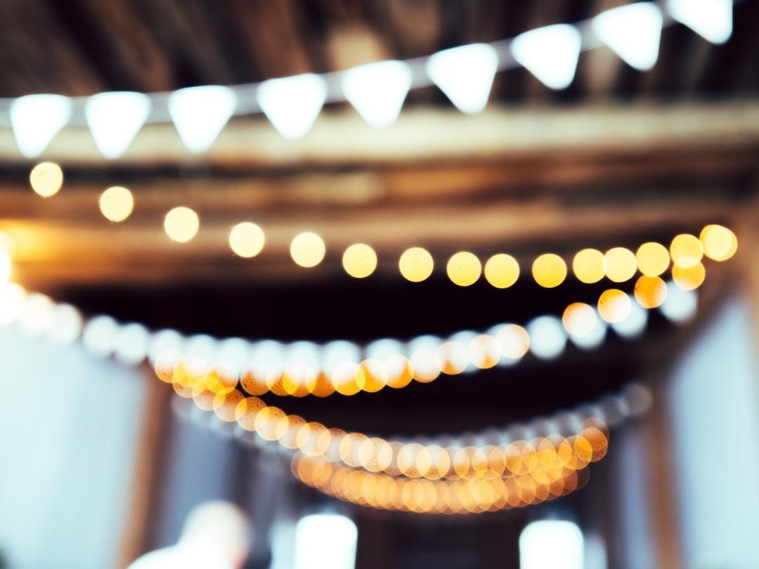 Artistically blurred image of garlands and lights hanging at a party