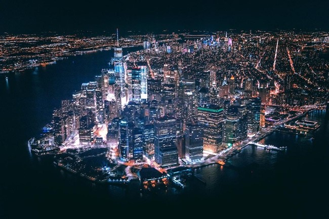 The city of New York lit up at night.