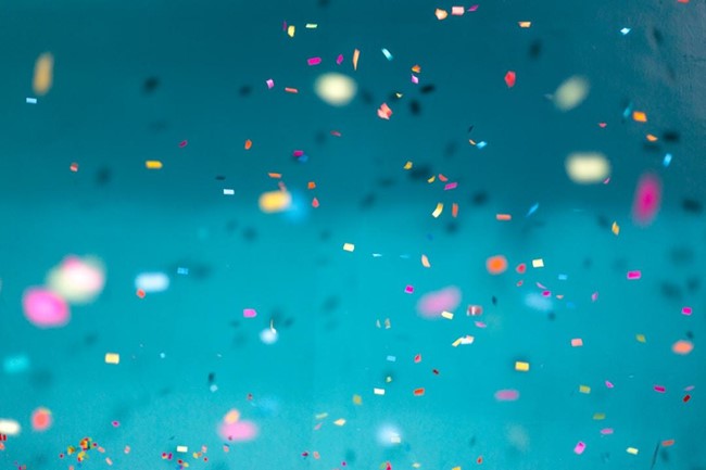 Colorful and differently shaped pieces of confetti are thrown into the air.