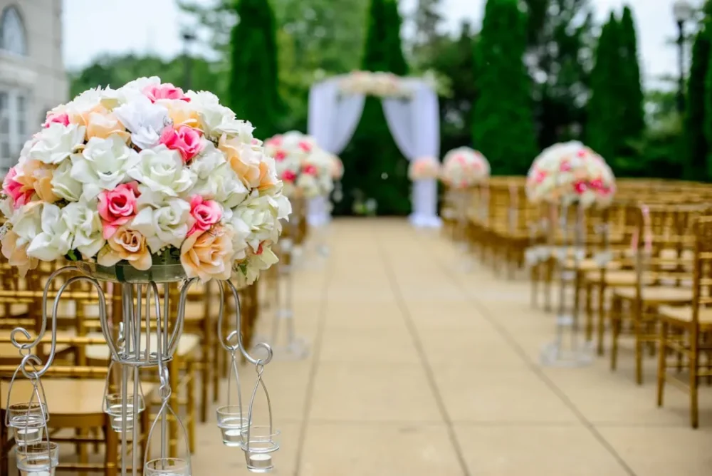 Wedding venue with dance floor party rentals and florals