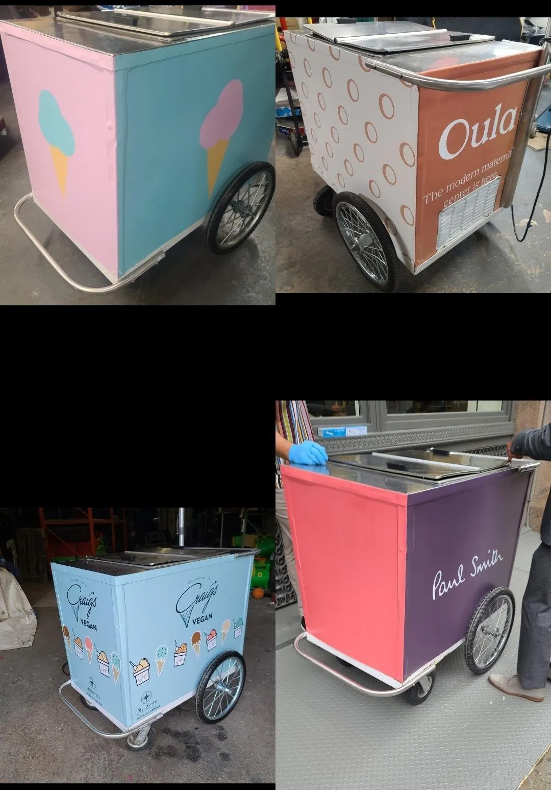 Four custom vinyl wrapped ice-cream carts.